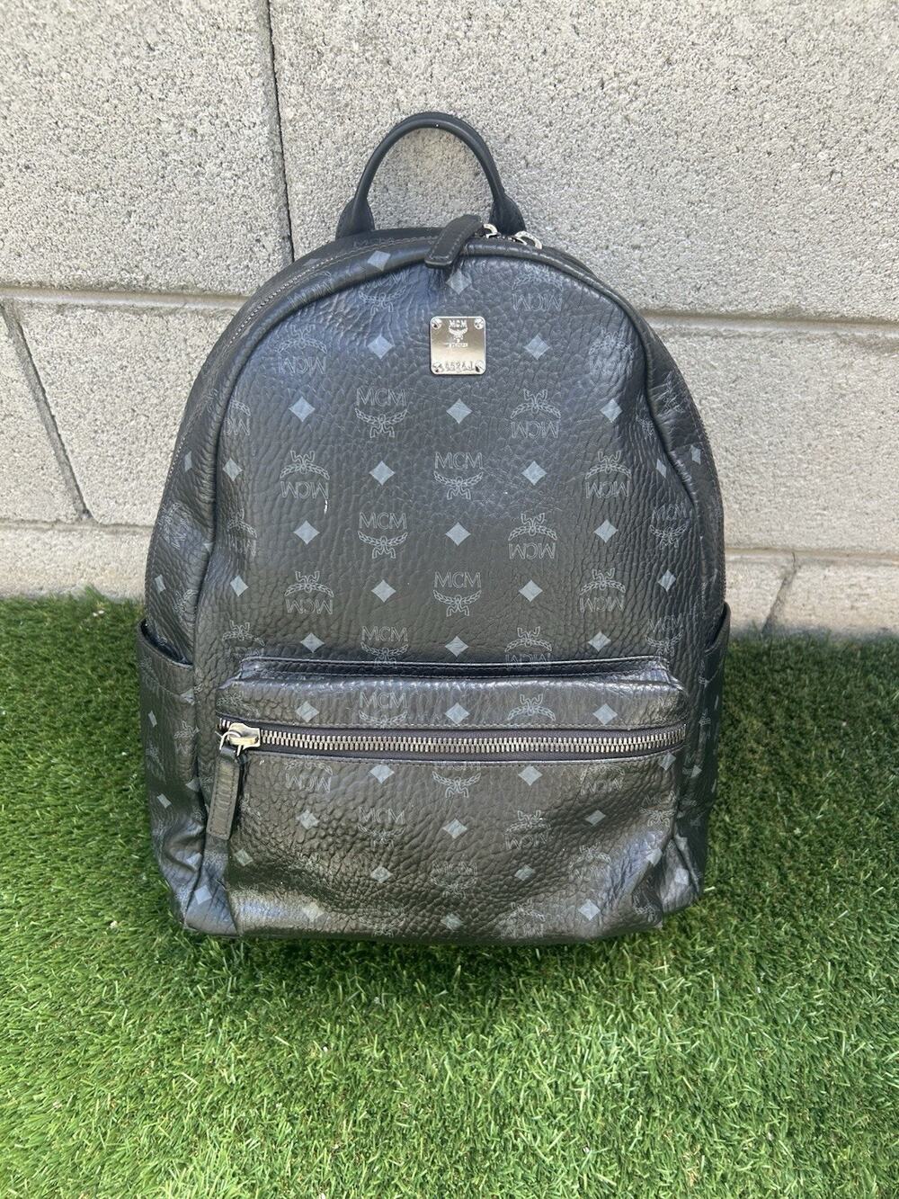 MCM Stark Visetos Small Black Studded Backpack Silver + Dust Bag
